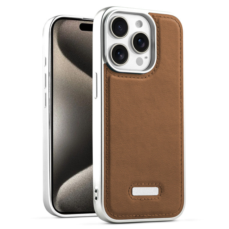 Sophisticated Leather Cover for Apple iPhone 15 Pro Max with Shiny Silver Edges, Stitched Back Design & Hard Shell Protection