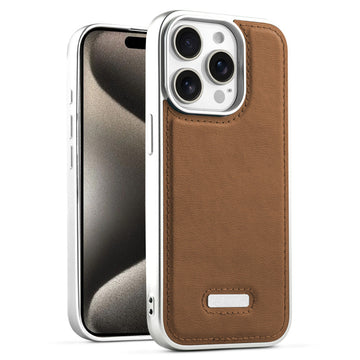 Sophisticated Leather Cover for Apple iPhone 15 Pro Max with Shiny Silver Edges, Stitched Back Design & Hard Shell Protection