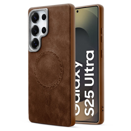Alloy Camera Ring Faux Leather Back Case for Samsung S25 Ultra 5G , Hard Shell with MagSafe Support