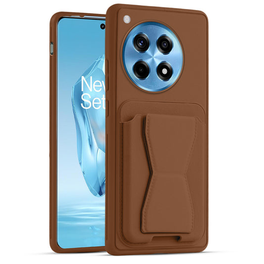 All in One Premium Leather Back Cover for OnePlus 12R 5G with Card Slot & Foldable Grip Holder