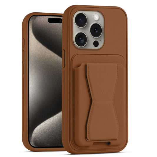 All in One Premium Leather Back Cover for Apple iPhone 15 Pro Max with Card Slot & Foldable Grip Holder