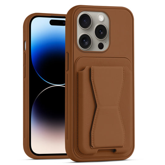 All in One Premium Leather Back Cover for Apple iPhone 14 Pro with Card Slot & Foldable Grip Holder