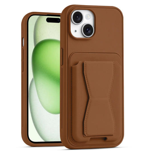 All in One Premium Leather Back Cover for Apple iPhone 15 Plus with Card Slot & Foldable Grip Holder