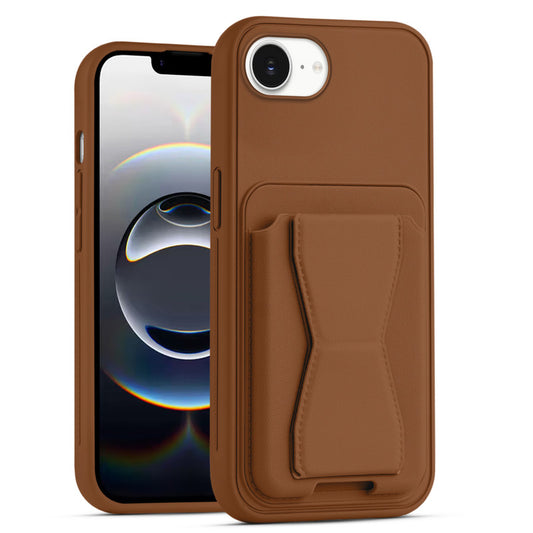All in One Premium Leather Back Cover for Apple iPhone 16e with Card Slot & Foldable Grip Holder