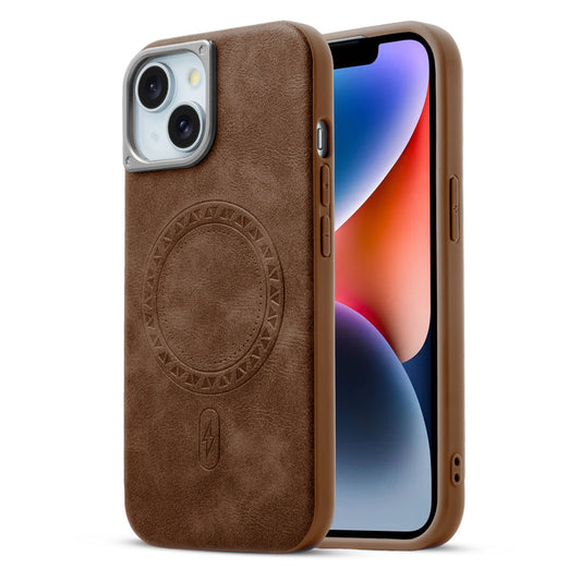 Alloy Camera Ring Faux Leather Back Case for Apple iPhone 14 , Hard Shell with MagSafe Support