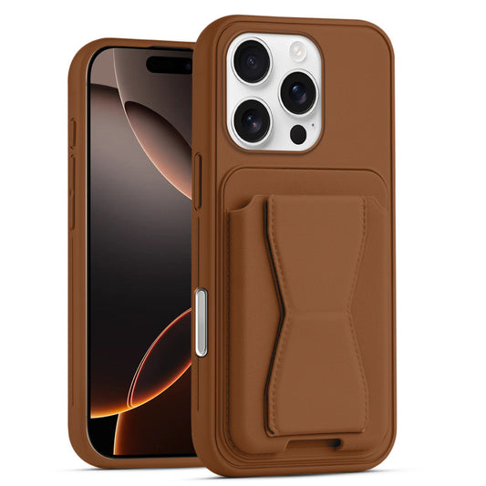 All in One Premium Leather Back Cover for Apple iPhone 16 Pro with Card Slot & Foldable Grip Holder