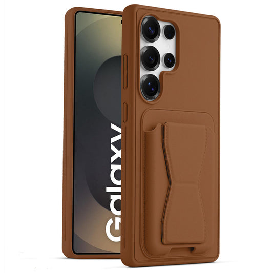 All in One Premium Leather Back Cover for Samsung S25 Ultra 5G with Card Slot & Foldable Grip Holder