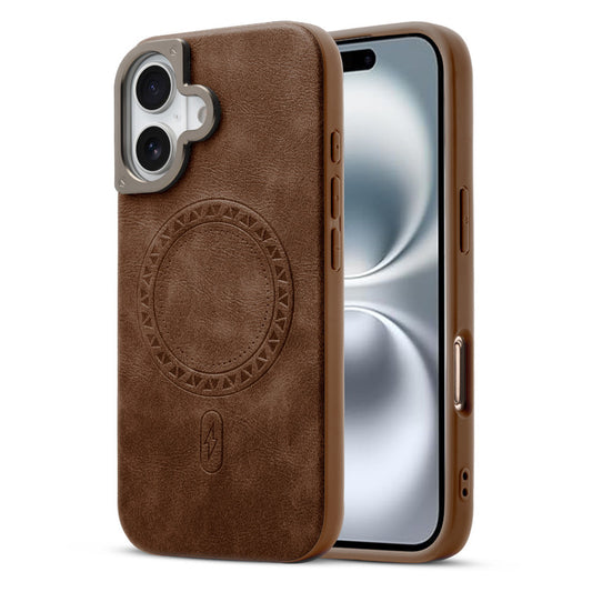 Alloy Camera Ring Faux Leather Back Case for Apple iPhone 16 , Hard Shell with MagSafe Support