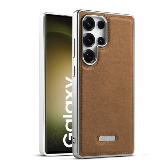 Sophisticated Leather Cover for Samsung S23 Ultra 5G with Shiny Silver Edges, Stitched Back Design & Hard Shell Protection