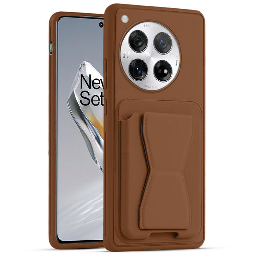 All in One Premium Leather Back Cover for OnePlus 12 5G with Card Slot & Foldable Grip Holder