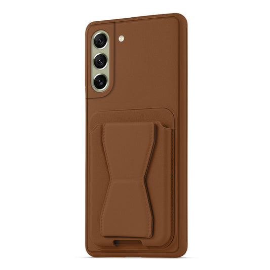 All in One Premium Leather Back Cover for Samsung S21 FE 5G with Card Slot & Foldable Grip Holder
