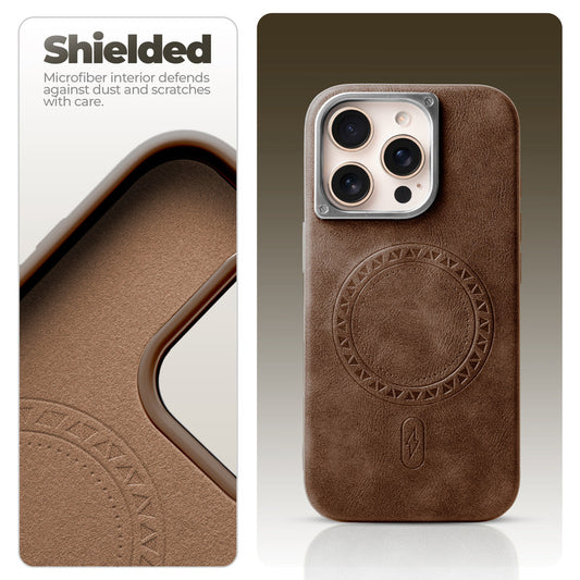 Alloy Camera Ring Faux Leather Back Case for Apple iphone 16 Pro Max , Hard Shell with MagSafe Support
