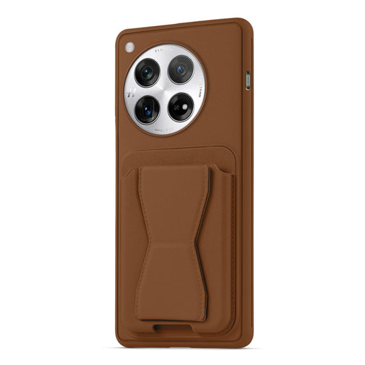 All in One Premium Leather Back Cover for OnePlus 12 5G with Card Slot & Foldable Grip Holder
