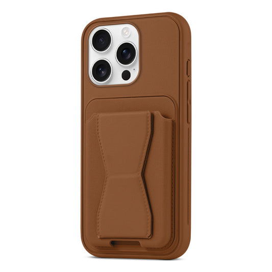 All in One Premium Leather Back Cover for Apple iPhone 16 Pro with Card Slot & Foldable Grip Holder
