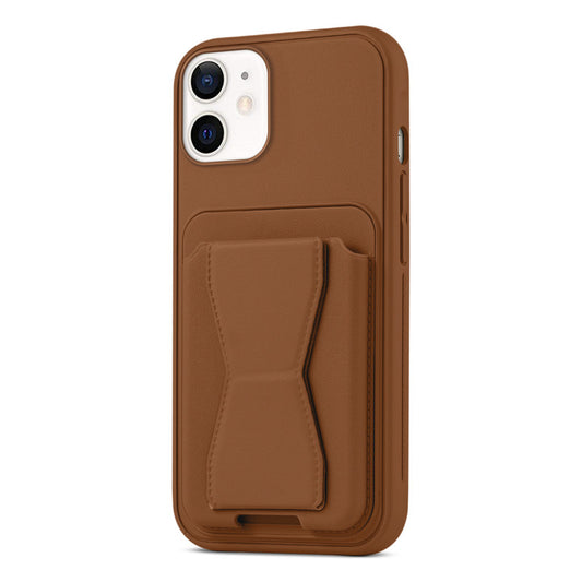 All in One Premium Leather Back Cover for Apple iPhone 12 with Card Slot & Foldable Grip Holder
