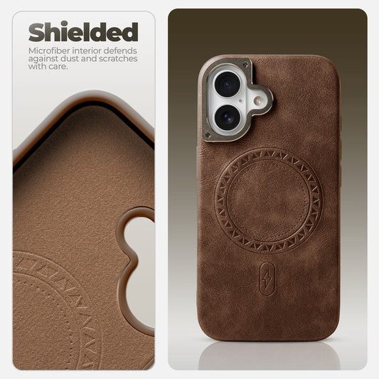 Alloy Camera Ring Faux Leather Back Case for Apple iPhone 16 , Hard Shell with MagSafe Support