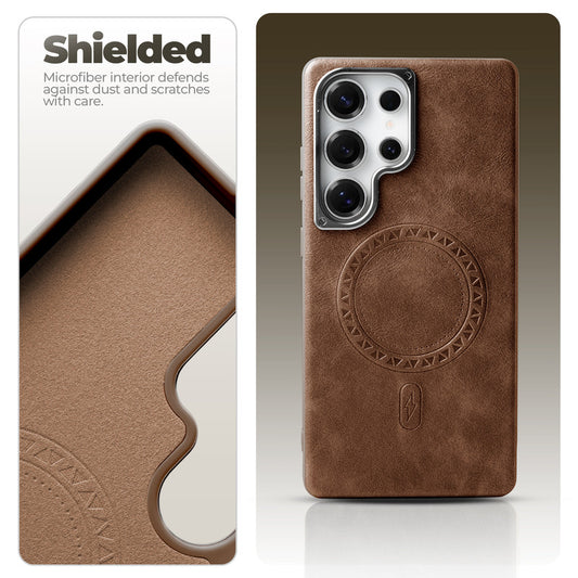 Alloy Camera Ring Faux Leather Back Case for Samsung S23 Ultra 5G , Hard Shell with MagSafe Support
