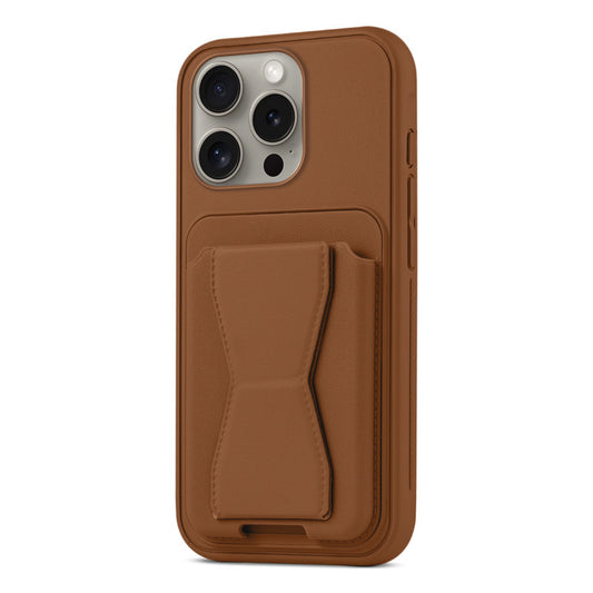 All in One Premium Leather Back Cover for Apple iPhone 15 Pro with Card Slot & Foldable Grip Holder