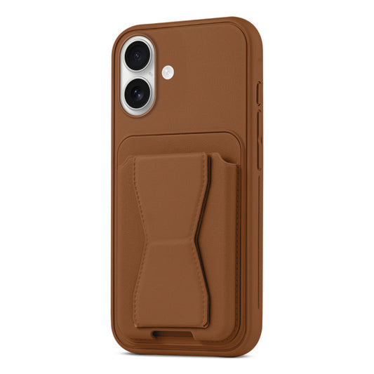 All in One Premium Leather Back Cover for Apple iPhone 16 with Card Slot & Foldable Grip Holder