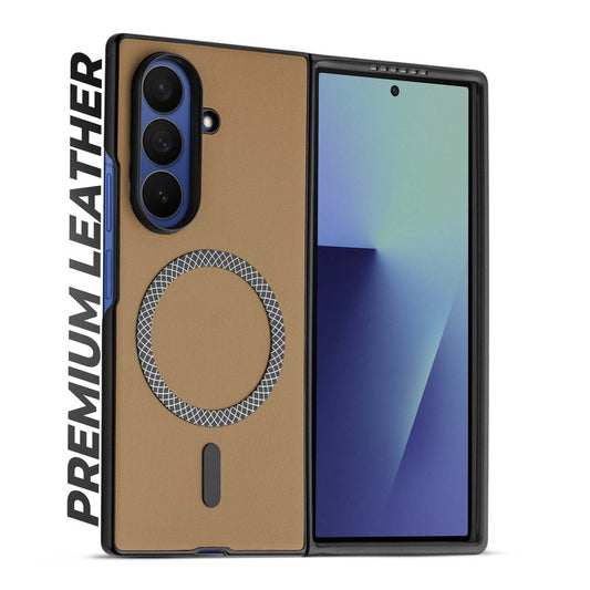 Executive Edition Hard Back Cover for Samsung Z Fold 7 with Magnetic Ring , Faux Leather Finish & Camera Guard