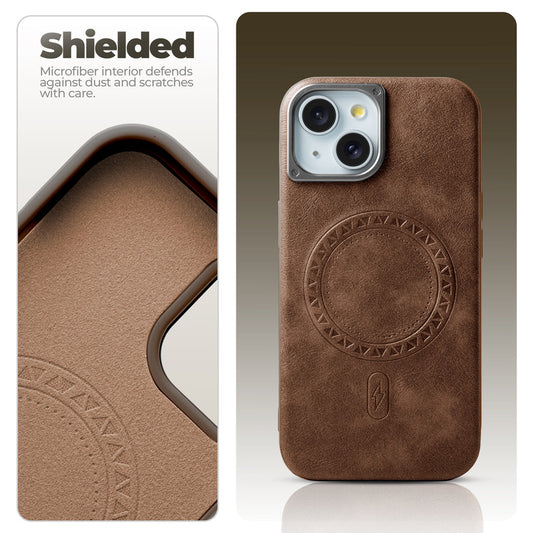 Alloy Camera Ring Faux Leather Back Case for Apple iPhone 15 Plus , Hard Shell with MagSafe Support