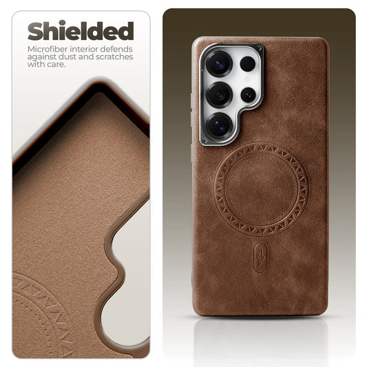 Alloy Camera Ring Faux Leather Back Case for Samsung S25 Ultra 5G , Hard Shell with MagSafe Support