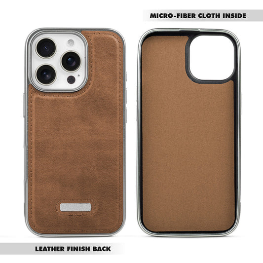 Sophisticated Leather Cover for Apple iPhone 15 Pro Max with Shiny Silver Edges, Stitched Back Design & Hard Shell Protection