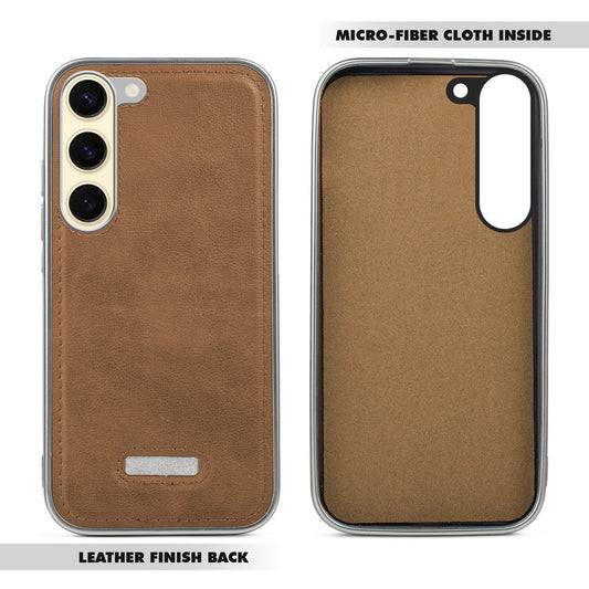 Sophisticated Leather Cover for Samsung S23 5G with Shiny Silver Edges, Stitched Back Design & Hard Shell Protection