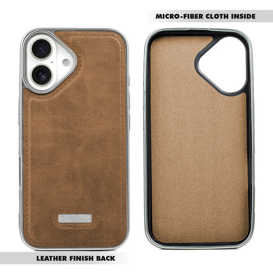 Sophisticated Leather Cover for Apple iPhone 16 with Shiny Silver Edges, Stitched Back Design & Hard Shell Protection
