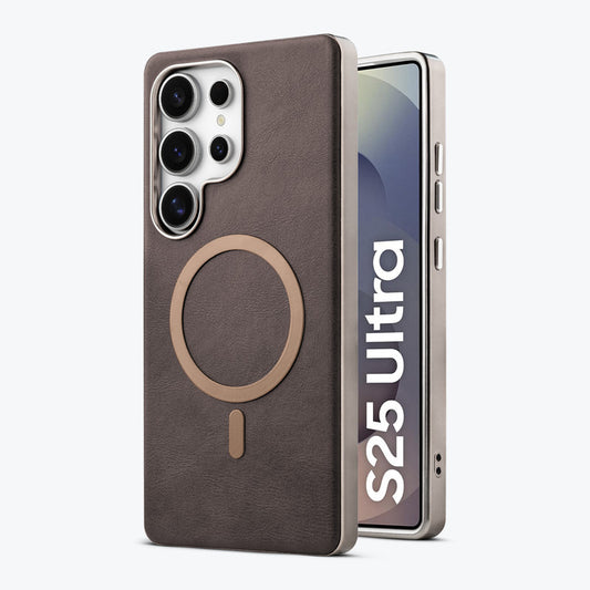 Premium Faux Leather MagSafe Compatible Case for Samsung S25 Ultra 5G With Metal Finish Edges