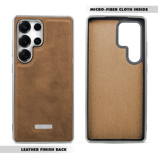 Sophisticated Leather Cover for Samsung S24 Ultra 5G with Shiny Silver Edges, Stitched Back Design & Hard Shell Protection