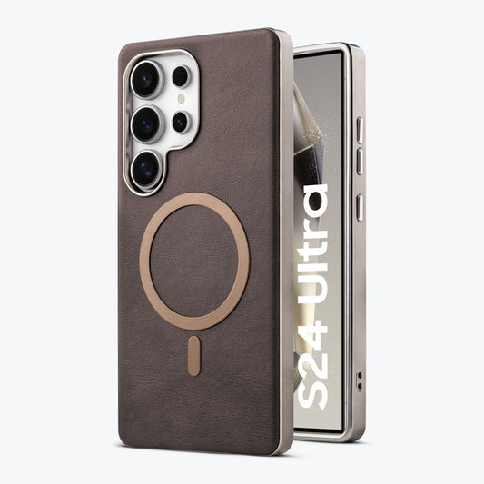 Premium Faux Leather MagSafe Compatible Case for Samsung S24 Ultra 5G With Metal Finish Edges