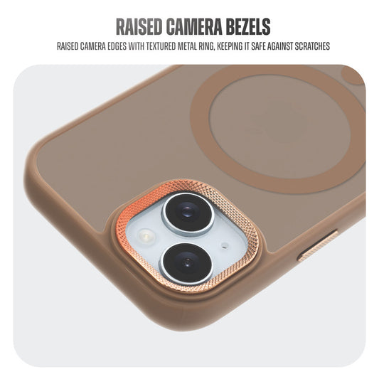 Textured Metal Ring Camera With Magsafe Compatible Smoky Back Case For Apple iPhone 15