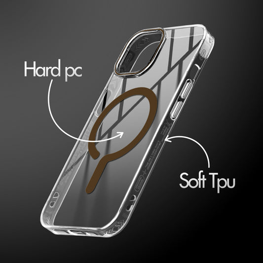 Crystal Clear Magnetic Back Case for Apple iPhone 15 with Air Cushion Bumper & Metal Finish Buttons