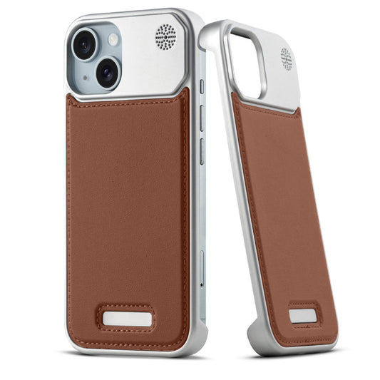 Elegant Designed Metallic Finish Leather Bracket Case For Apple iPhone 15