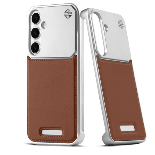 Elegant Designed Metallic Finish Leather Bracket Case For Samsung S24 5G