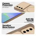 Brown Phone case for Samsung A56 5G highlighting raised camera protection, anti-slip texture, and responsive side buttons