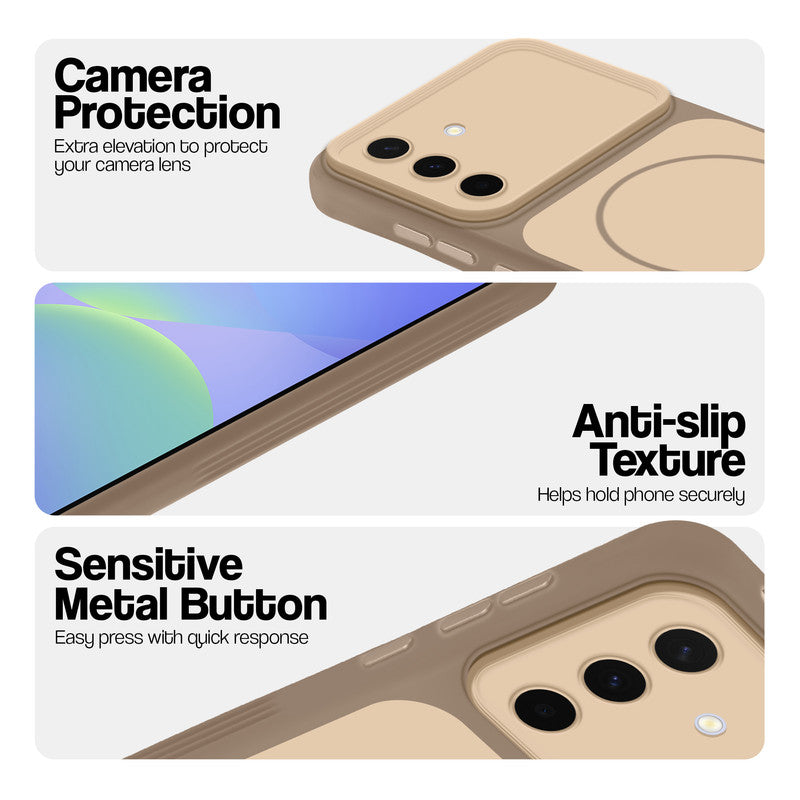 Brown Phone case for Samsung A56 5G highlighting raised camera protection, anti-slip texture, and responsive side buttons