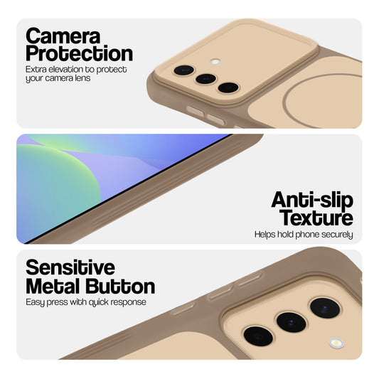 Brown Phone case for Samsung A56 5G highlighting raised camera protection, anti-slip texture, and responsive side buttons