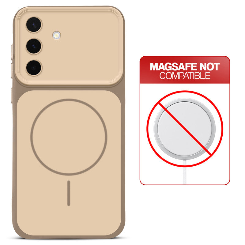 Dual tone silicone Brown phone cover for Samsung A56 5G showing wireless charging not supported notice
