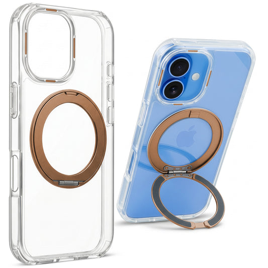 Shockproof Hybrid Silicone Back Magnetic Clear Case for Apple iPhone 17 with 360° Rotatable Ring Stand