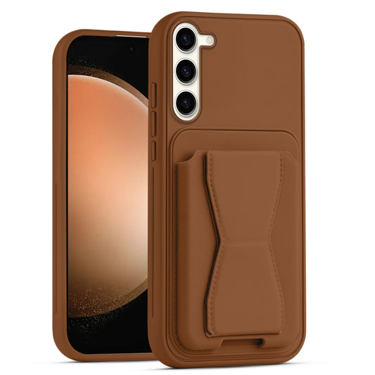 All in One Premium Leather Back Cover for Samsung S23 5G with Card Slot & Foldable Grip Holder