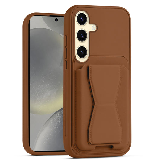 All in One Premium Leather Back Cover for Samsung S24 5G with Card Slot & Foldable Grip Holder