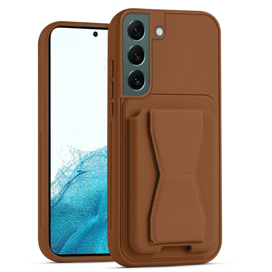 All in One Premium Leather Back Cover for Samsung S22 5G with Card Slot & Foldable Grip Holder