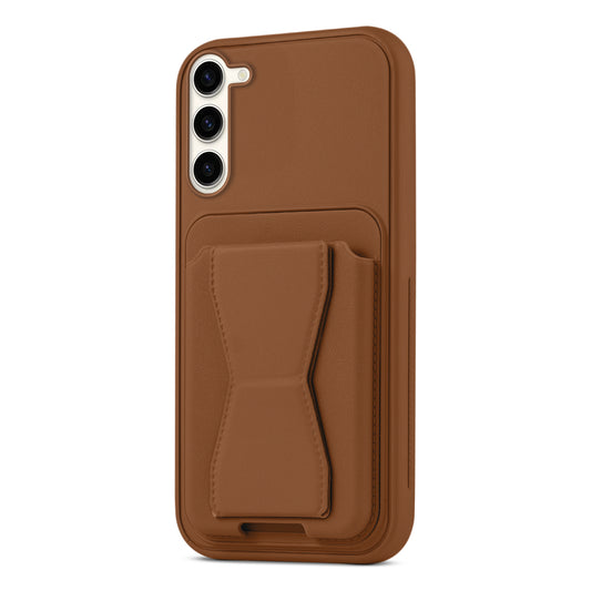 All in One Premium Leather Back Cover for Samsung S23 5G with Card Slot & Foldable Grip Holder