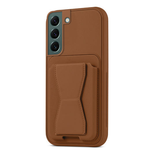 All in One Premium Leather Back Cover for Samsung S22 5G with Card Slot & Foldable Grip Holder