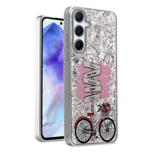 Shiny Foil Design Printed Back Case for Samsung A55 5G With Soft Edges with Glossy Semi-Hard Back