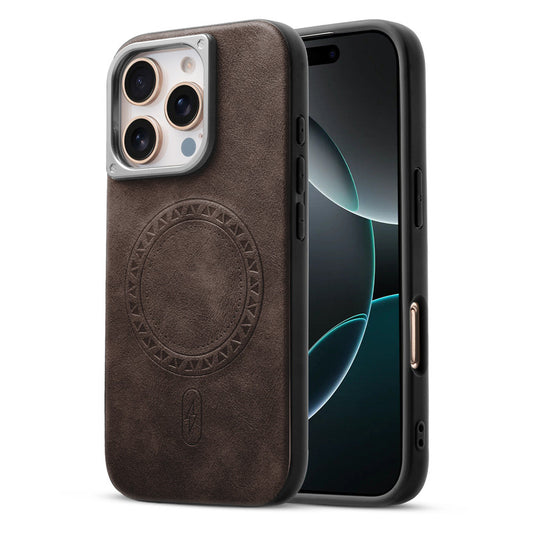 Alloy Camera Ring Faux Leather Back Case for Apple iphone 16 Pro Max , Hard Shell with MagSafe Support