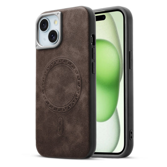 Alloy Camera Ring Faux Leather Back Case for Apple iPhone 15 Plus , Hard Shell with MagSafe Support