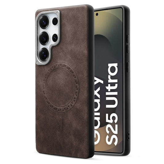 Alloy Camera Ring Faux Leather Back Case for Samsung S25 Ultra 5G , Hard Shell with MagSafe Support